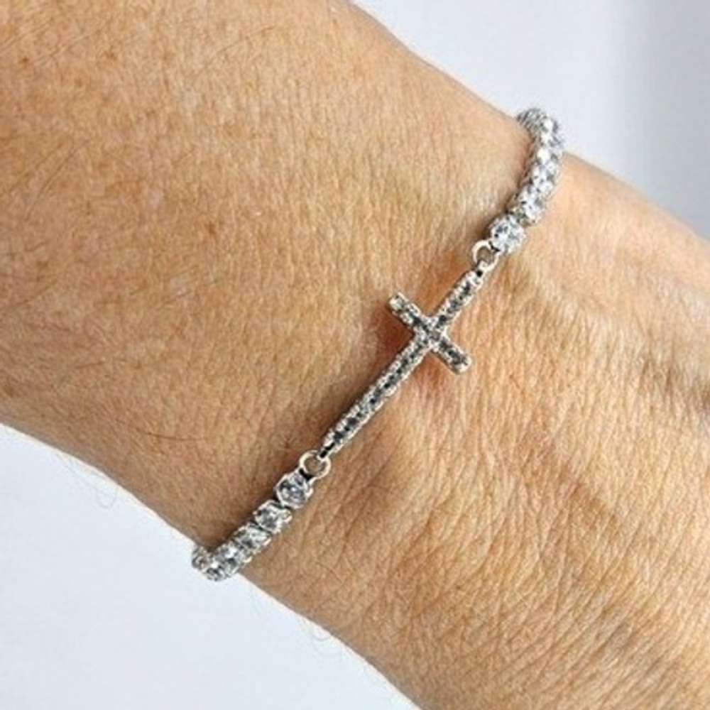 Silver Tone Cubic Zirconia Sideways Cross Adjustable Tennis Bolo Bracelet B1207